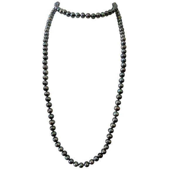 14K Yellow Gold Clasp Gray Peacock Fresh Water Knotted Pearls Strand 27"L, E864 - Picture 1 of 10